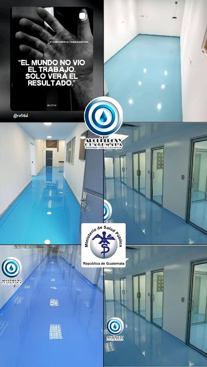 Poster de varias áreas clínicas con pisos epóxicos azules