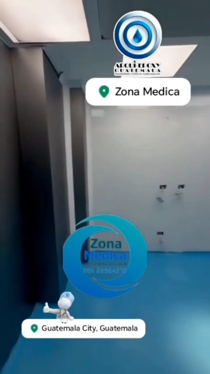 Poster de un recorrido interior con piso epóxico azul en zona médica